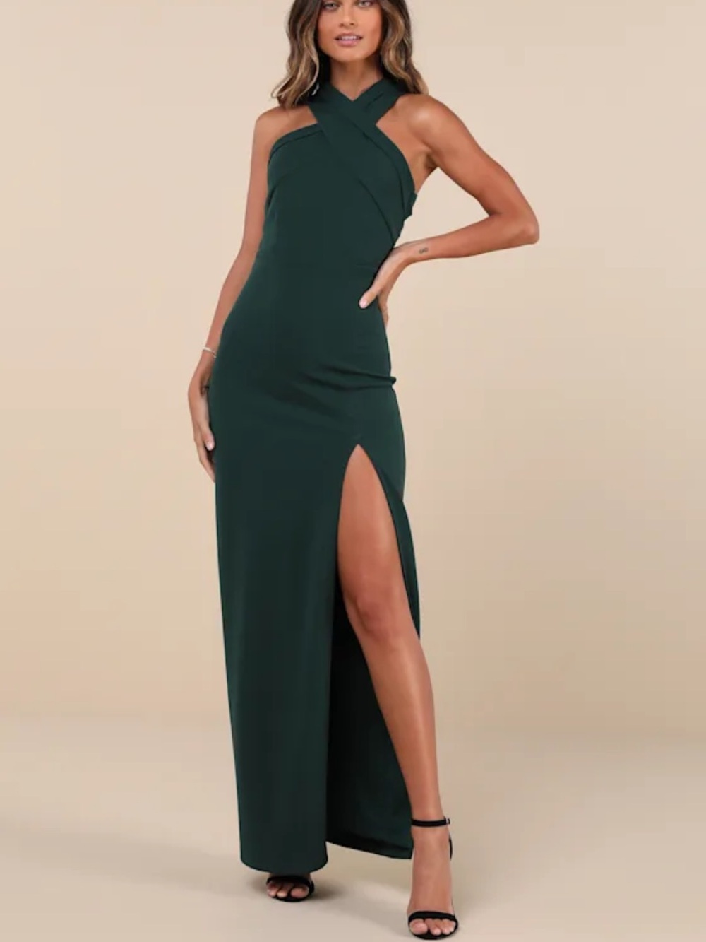 NWT Lulu's Dark Green Crisscross Halter Maxi Dress with High Slit